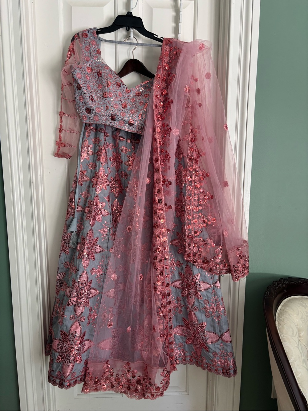 Wedding 3 piece sequined metallic rose gold detail on dusty blue lehenga Large
